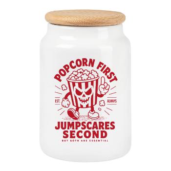 Popcorn First Jumpscares Second - Cookie Jar with Wooden Lid - white - Front
