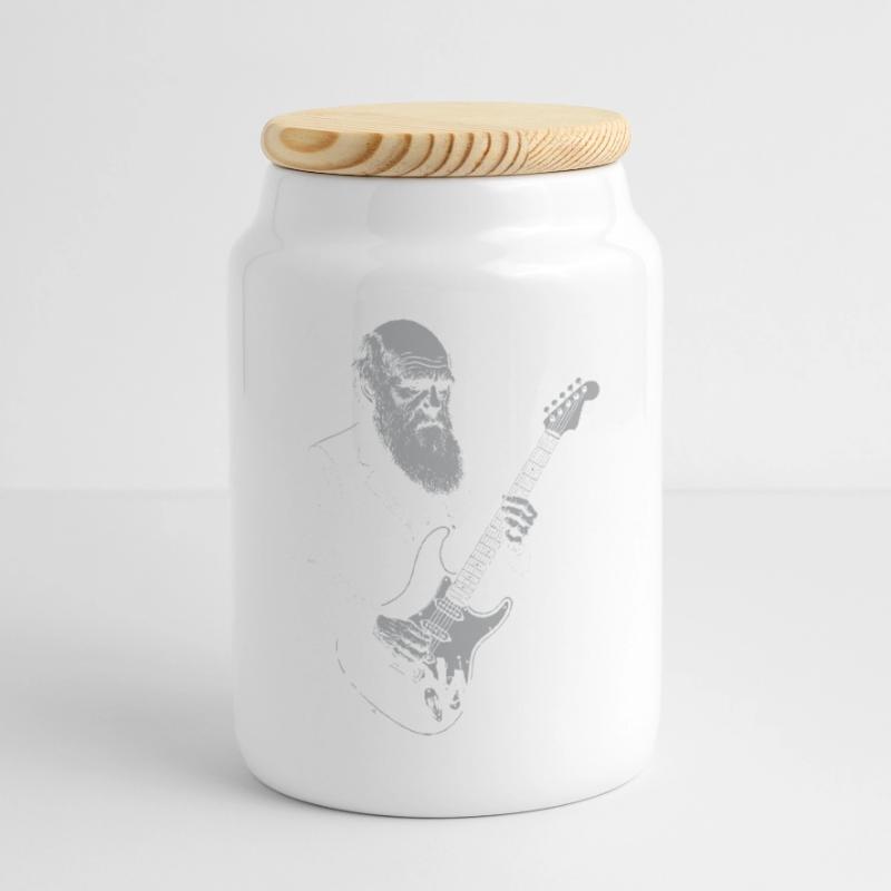 Darwin Playing Guitar Evolution Cookie Jar with Wooden Lid