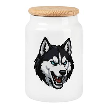 Wolfskopf mit blauem Blick - Keksdose mit Holzdeckel - Weiß - Vorne