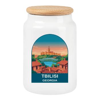 Tbilisi Georgia Vintage Skyline Reiseplakat - Keksdose mit Holzdeckel - Weiß - Vorne