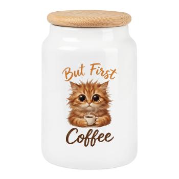 But First Coffee Cat - Cookie Jar with Wooden Lid - white - Front