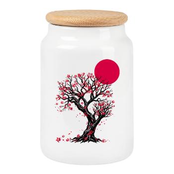 Crimson Blossom Moon Tree - Cookie Jar with Wooden Lid - white - Front