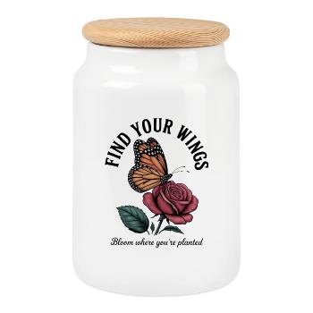 Papillon sur une rose : ailes et fleur - Boîte à biscuits avec couvercle en bois - blanc - Devant