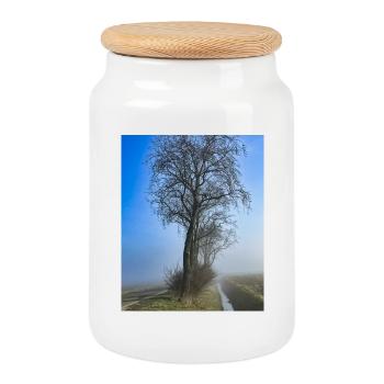 Arbre solitaire dans la brume du matin - Boîte à biscuits avec couvercle en bois - blanc - Devant