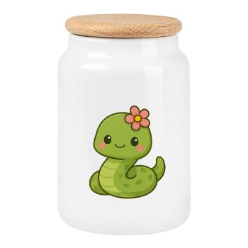 Mignon serpent dame avec fleur - Boîte à biscuits avec couvercle en bois - blanc - Devant