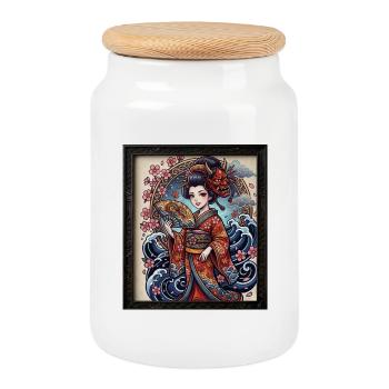 Geisha with demon mask and waves - Cookie Jar with Wooden Lid - white - Front