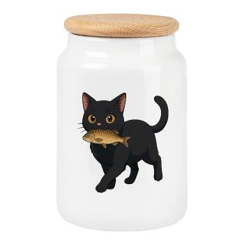 Chat avec poisson Illustration Design - Boîte à biscuits avec couvercle en bois - blanc - Devant