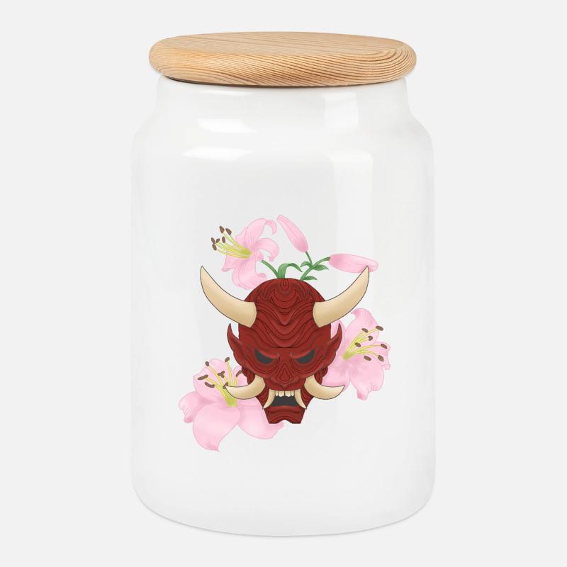 Oni x Pink Lilies - Cookie Jar with Wooden Lid - white