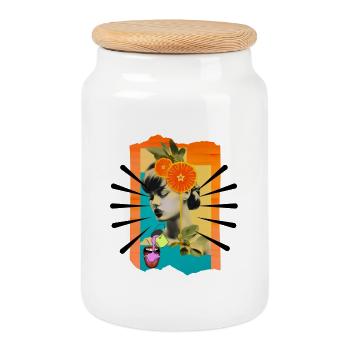 Woman Pop Art - Cookie Jar with Wooden Lid - white - Front