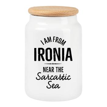 Ich bin von Ironia in der Nähe des sarkastischen Spruches - Keksdose mit Holzdeckel - Weiß - Vorne