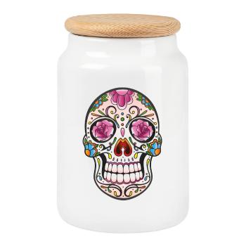 Mexican Sugar Skull, day of the dead - Cookie Jar with Wooden Lid - white - Front