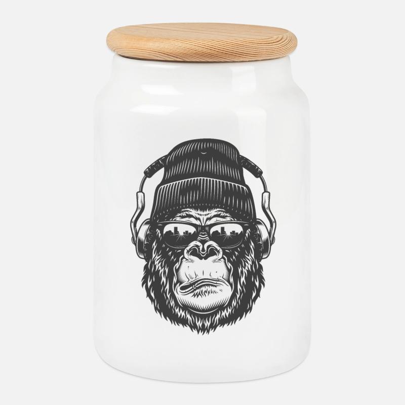 Wild Man Face mit Kopfhörern - Keksdose mit Holzdeckel - Weiß