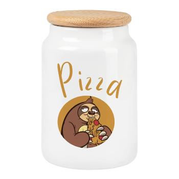 Fun sloth with pizza - Cookie Jar with Wooden Lid - white - Front