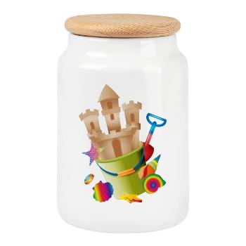 A sandcastle in a bucket awakens holiday feelings - Cookie Jar with Wooden Lid - white - Front
