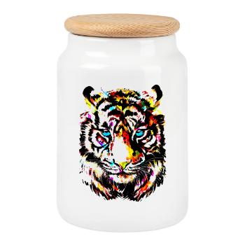 Bunter Tiger - Gelber Tigerkopf - Tiger Zeichnung - Keksdose mit Holzdeckel - Weiß - Vorne