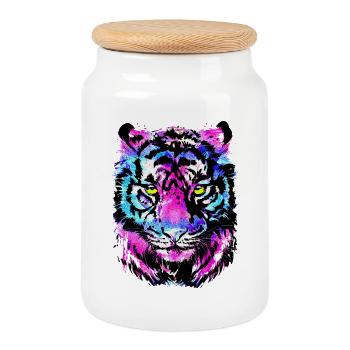 Bunter Tiger - Neon Pink Magenta Tiger Zeichnung - Keksdose mit Holzdeckel - Weiß - Vorne