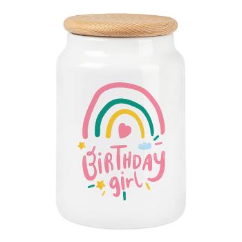 Fille d’anniversaire arc-en-ciel pastel - Boîte à biscuits avec couvercle en bois - blanc - Devant