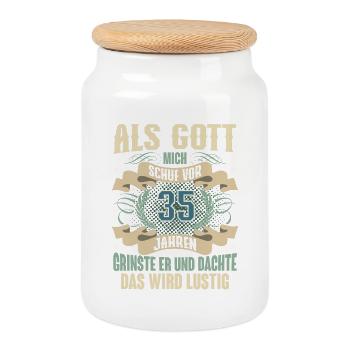 35. Geburtstag Als Gott Mich Schuf Vor - Keksdose mit Holzdeckel - Weiß - Vorne