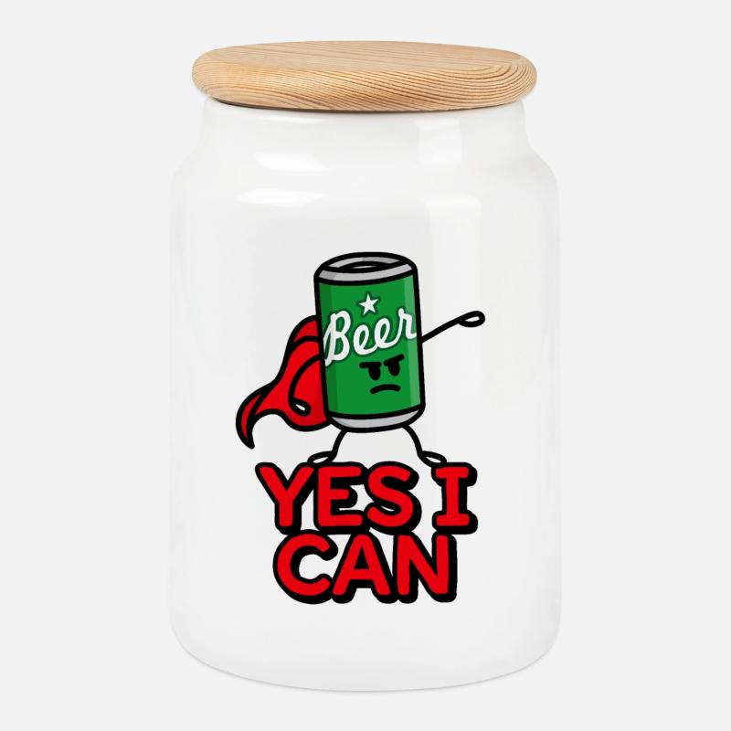 lustige Bier Superheld Cartoon Bierdose Yes I can - Keksdose mit Holzdeckel - Weiß