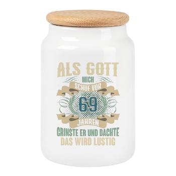 69. Geburtstag Als Gott Mich Schuf Vor - Keksdose mit Holzdeckel - Weiß - Vorne