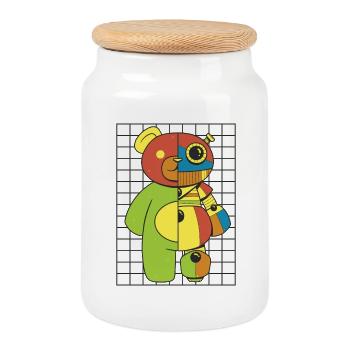 Teddy bear, robot - Cookie Jar with Wooden Lid - white - Front