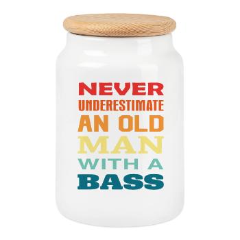 Strong Old Man with Bass Quote - Cookie Jar with Wooden Lid - white - Front