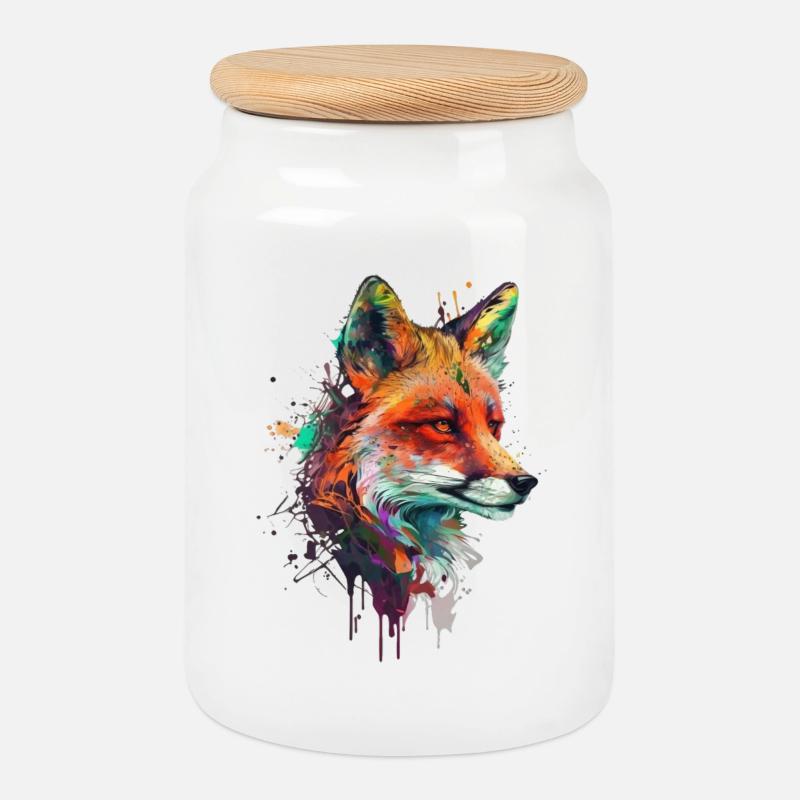 fuchs mit bunten farbklecksen - Keksdose mit Holzdeckel - Weiß
