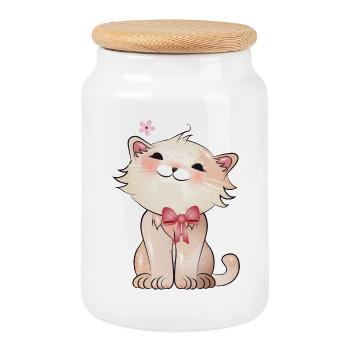 Cute cat watching a cherry blossom - Cookie Jar with Wooden Lid - white - Front