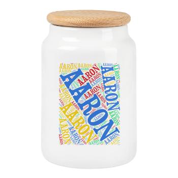 Aaron T-Shirt Word Cloud Geschenk-T-Shirt - Keksdose mit Holzdeckel - Weiß - Vorne
