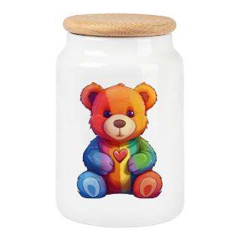 Rainbow Heart Bear Plush - Cookie Jar with Wooden Lid - white - Front