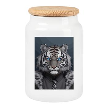 Schwarz-grauer königlicher Tigerkopf mit blauen Augen - Keksdose mit Holzdeckel - Weiß - Vorne