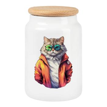 Coole 80s Katze - Keksdose mit Holzdeckel - Weiß - Vorne