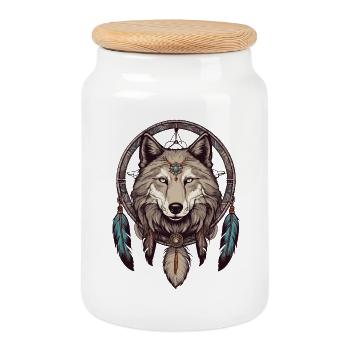 Dream catcher with wolf - Cookie Jar with Wooden Lid - white - Front