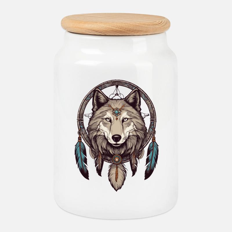 Traumfänger mit Wolf - Keksdose mit Holzdeckel - Weiß