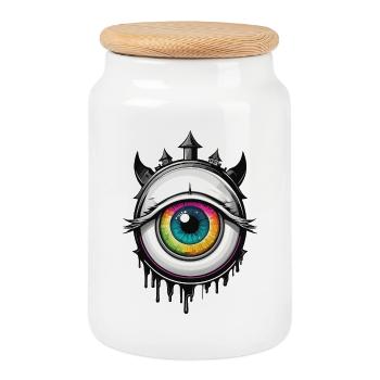 Oeil avec cornes - Boîte à biscuits avec couvercle en bois - blanc - Devant