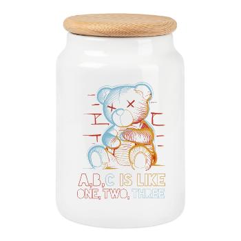 Ours aimant avec dessin de l’alphabet - Boîte à biscuits avec couvercle en bois - blanc - Devant