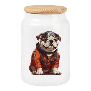 Bouledogue aventurier avec des lunettes en vêtements d’expédition - Boîte à biscuits avec couvercle en bois - blanc - Devant