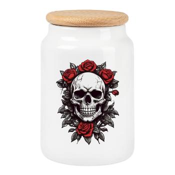 Skull with red roses - Cookie Jar with Wooden Lid - white - Front
