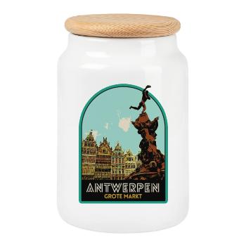 Picturesque illustration of the Grand Place - Cookie Jar with Wooden Lid - white - Front