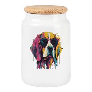 Chien coloré avec des lunettes de soleil - Boîte à biscuits avec couvercle en bois - blanc - Devant