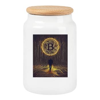 Digital Bitcoin Forest Scene - Cookie Jar with Wooden Lid - white - Front