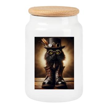 Steampunk Black Cat mit stylischen Accessoires - Keksdose mit Holzdeckel - Weiß - Vorne