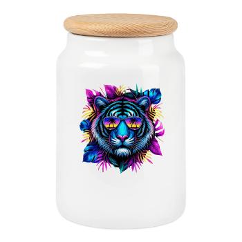 Tigre fluo avec lunettes de soleil et tropical - Boîte à biscuits avec couvercle en bois - blanc - Devant