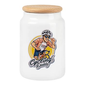 Vélo papa dessin animé autocollant - Boîte à biscuits avec couvercle en bois - blanc - Devant