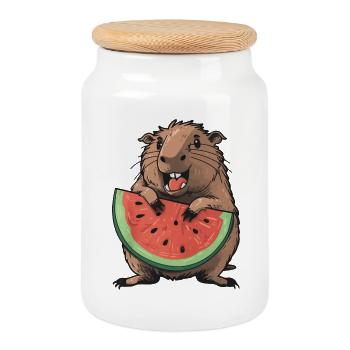 Capybara mangeant de la pastèque - Boîte à biscuits avec couvercle en bois - blanc - Devant