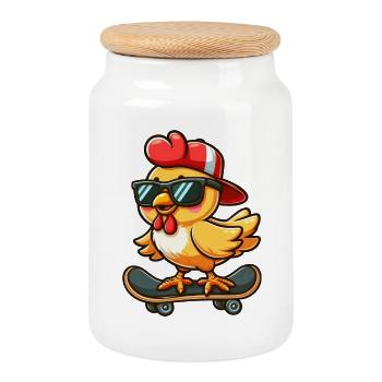 Chicken Hen Rooster Skateboard Comic Cartoon - Cookie Jar with Wooden Lid - white - Front