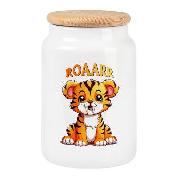 Cuddly Saber-Toothed Tiger - Laughing Face - Cookie Jar with Wooden Lid - white - Front