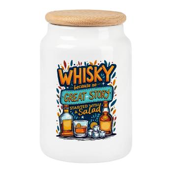 WHISKY BECAUSE NO GREAT STORY STARTED WITH A SALAD - Cookie Jar with Wooden Lid - white - Front