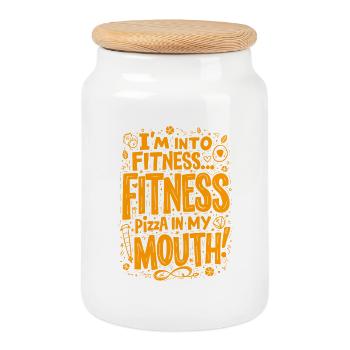 J’AIME LE FITNESS... PIZZA FITNESS DANS LA BOUCHE ! - Boîte à biscuits avec couvercle en bois - blanc - Devant