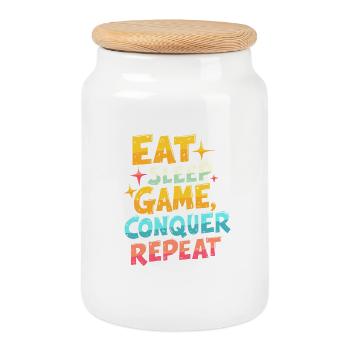 EAT, SLEEP, GAME, CONQUER, REPEAT - Cookie Jar with Wooden Lid - white - Front